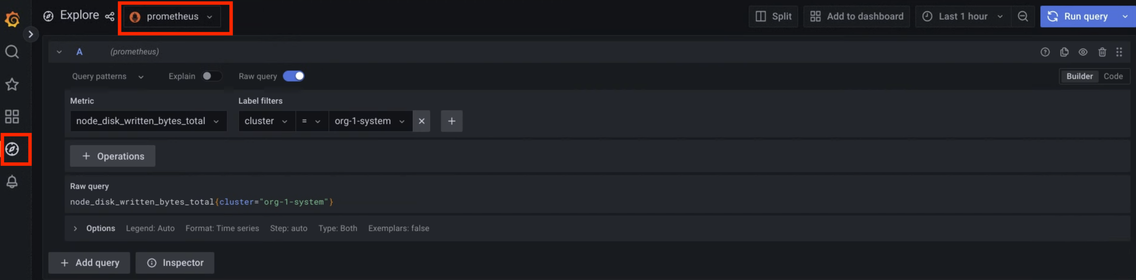 L&#39;option Prometheus est sélectionnée sur la page &quot;Explorer&quot; pour obtenir des métriques.