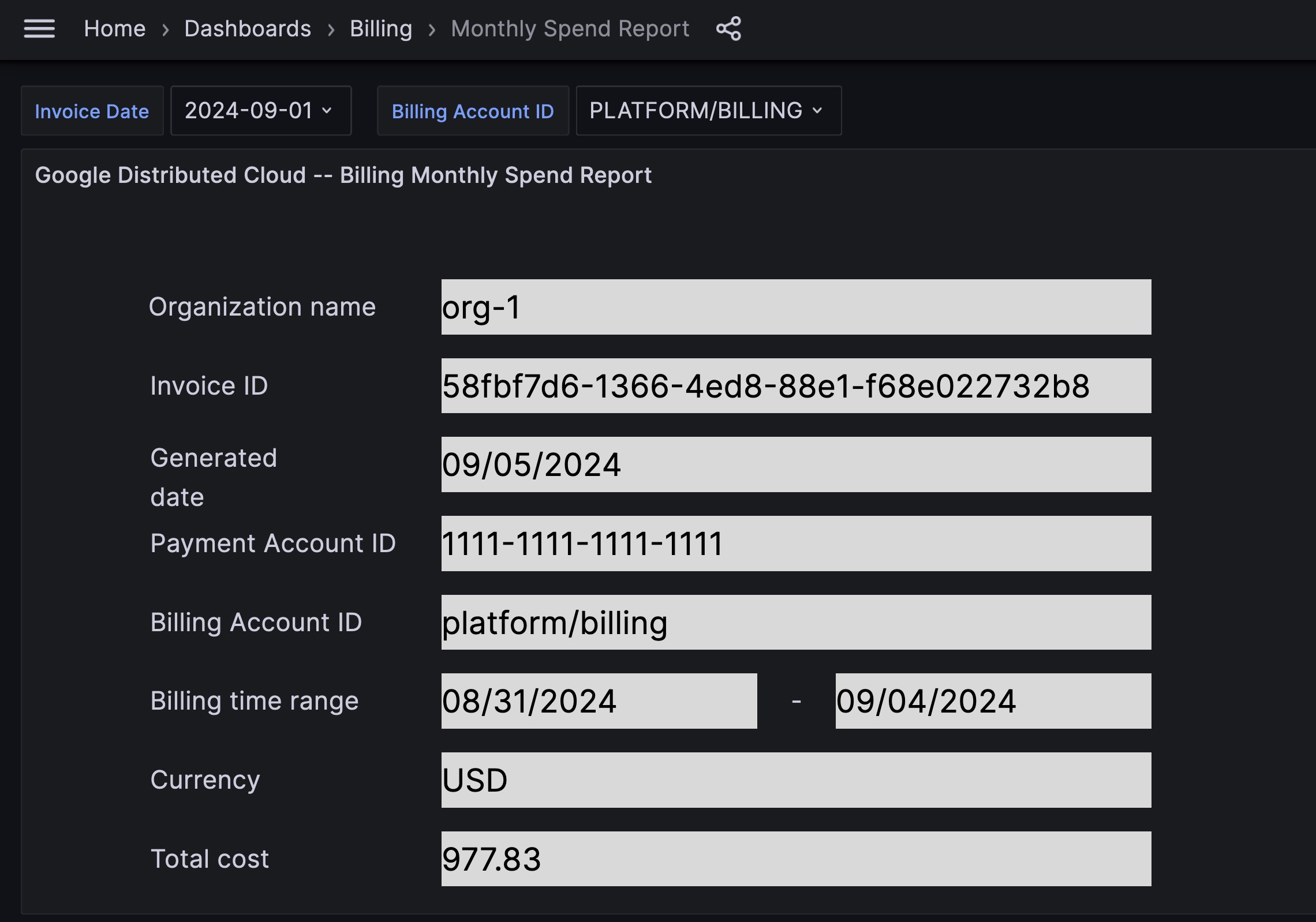 Spend dashboard shows input field values to export the invoice