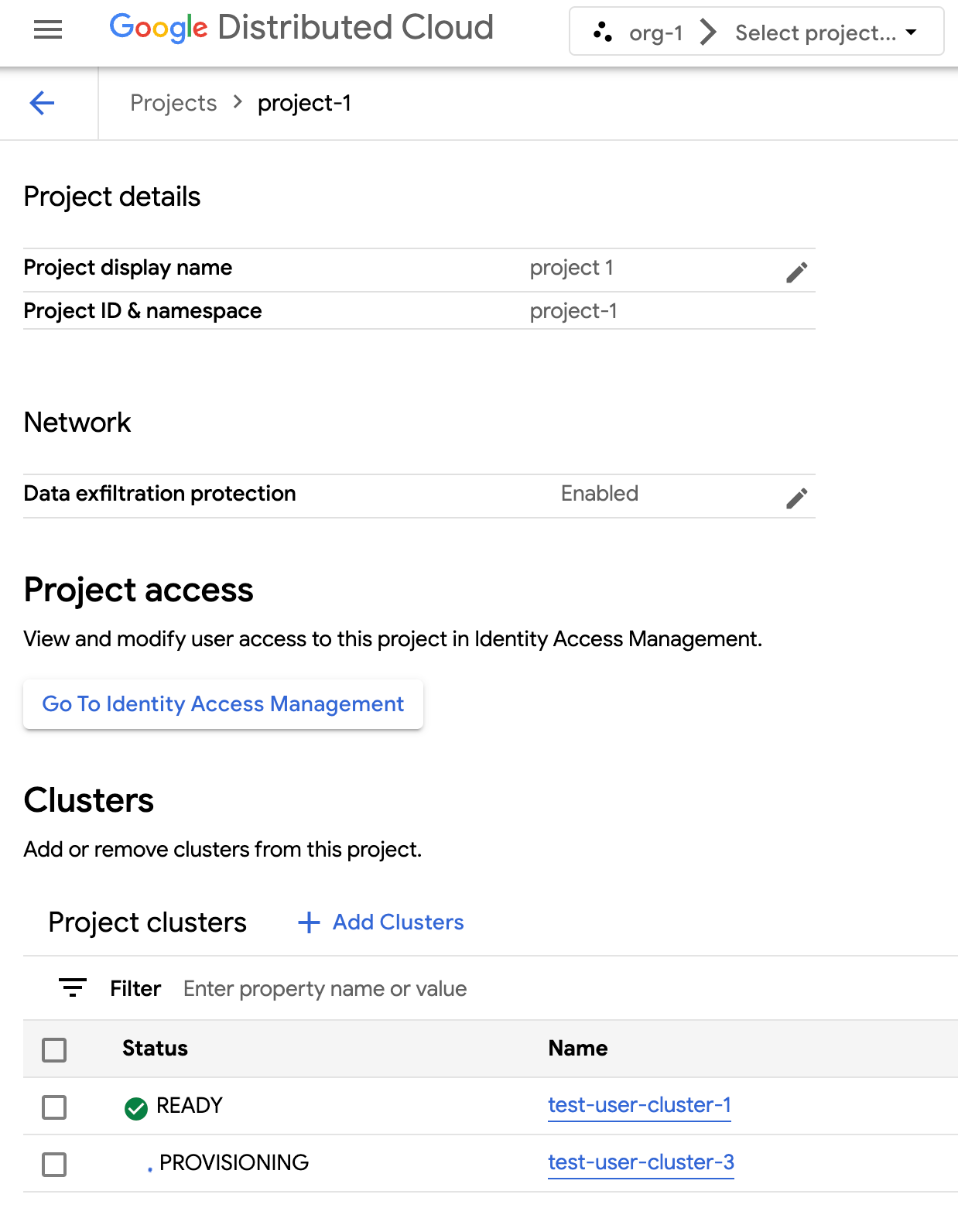 View project details such as project name and network settings.