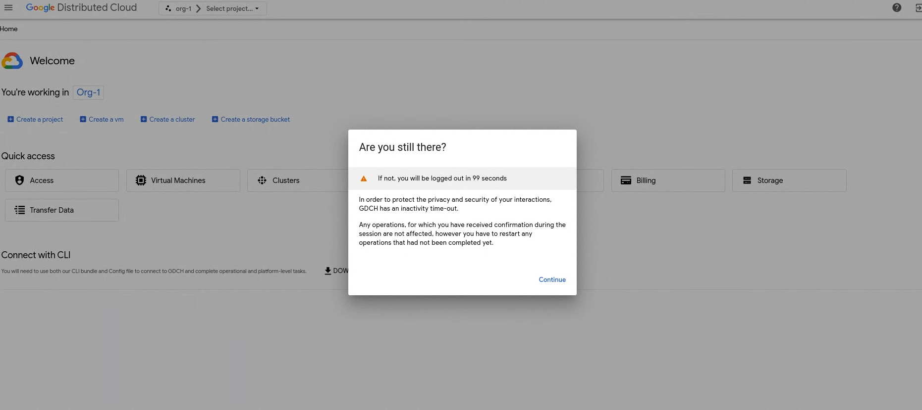 操作がないためユーザーをログアウトするまでの残り時間を示す 99 秒のタイマーが表示されたダイアログを示すコンソール UI。