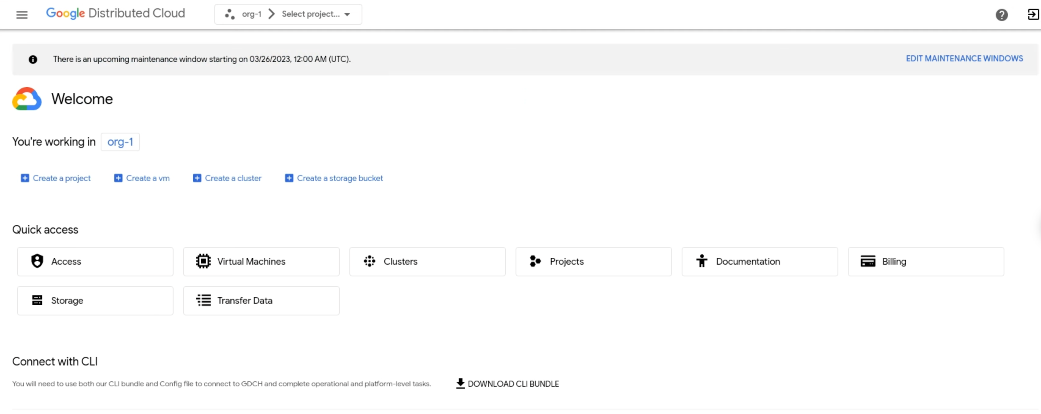 Interfaccia utente della console che mostra la schermata di benvenuto per il progetto org-1.