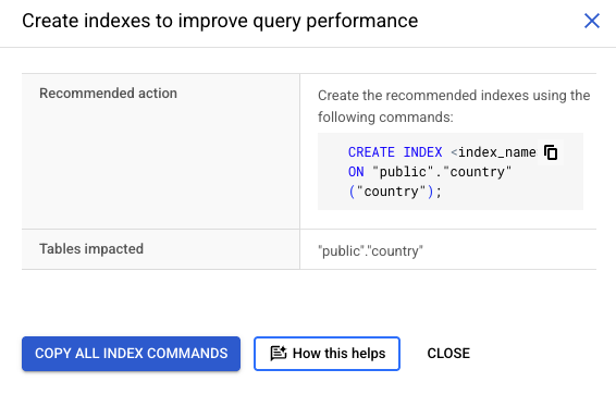 Jendela insight dan rekomendasi dengan perintah create index untuk disalin.