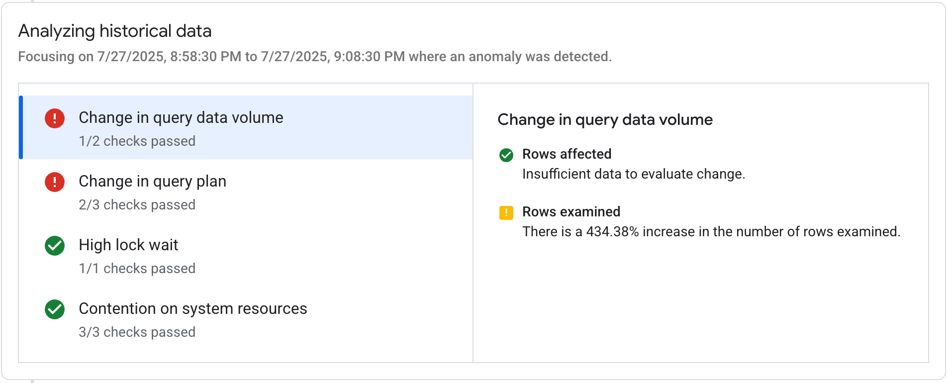 Analysis results for a slow query including situation and evidence