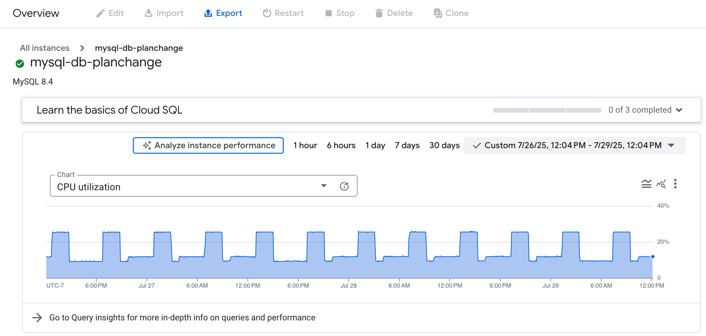 Database performance chart on the Overview page that shows CPU utilization
over a 24 hour time period and an option to analyze instance performance.