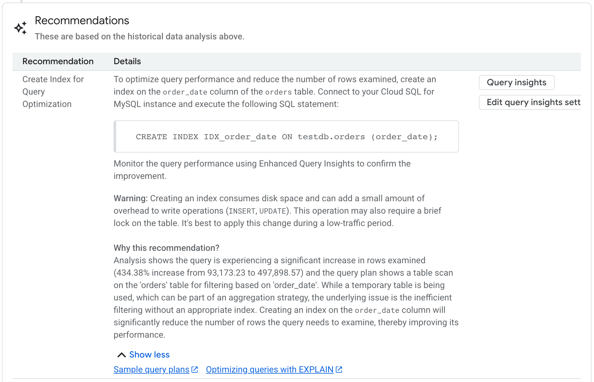 Recommendations for slow queries for MySQL, including documentation links.