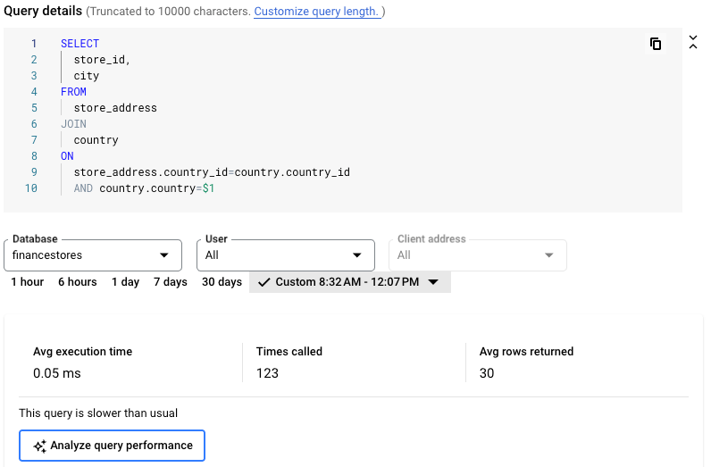 Schermata dei dettagli della query con un messaggio di query lenta e un&#39;opzione per analizzare le prestazioni della query