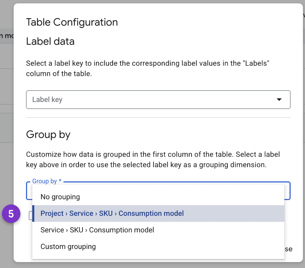 Captura de pantalla de la configuración de la tabla en el informe de la tabla de costos.