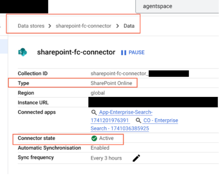 Data store details showing connector status