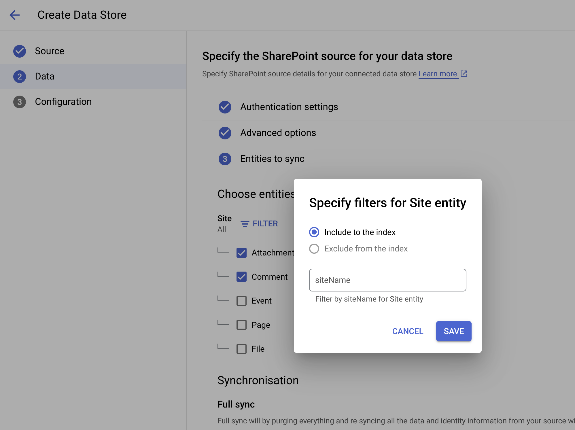 Especifica los filtros para incluir entidades de sitio