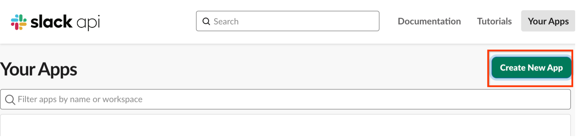 Button in the Slack App to Create New App