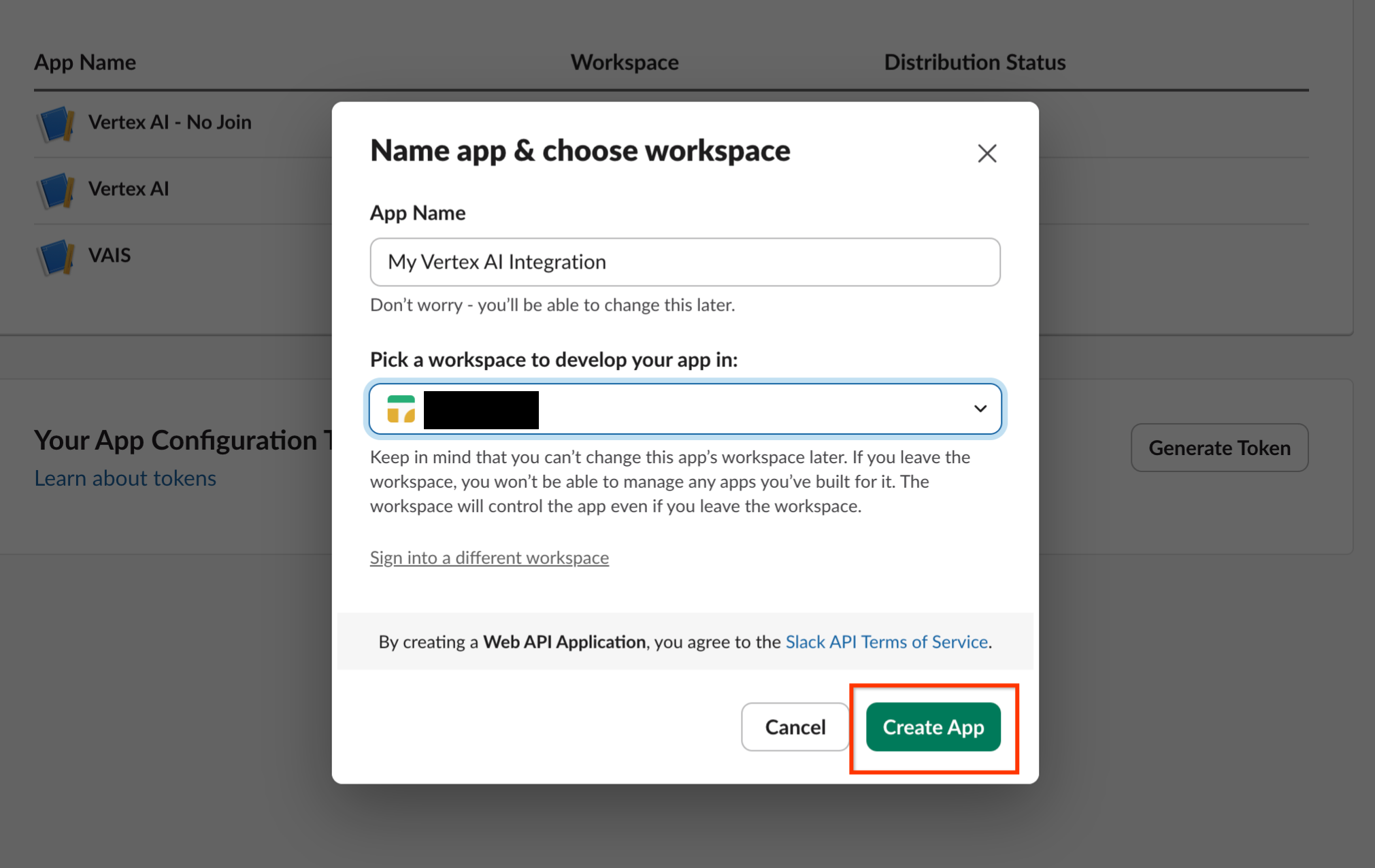 Enter a name and select the correct workspace