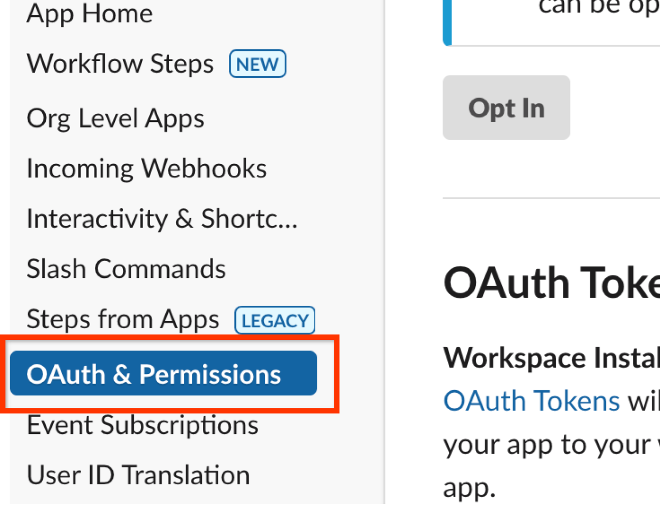 OAuth & Permissions in the Slack app's sidebar