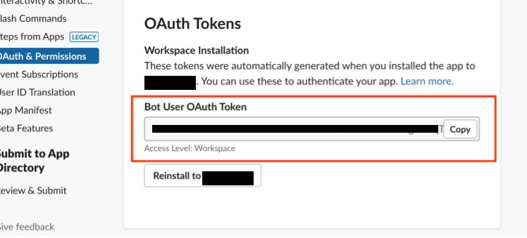Copying the bot token after installation