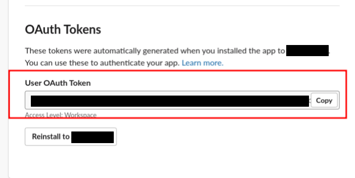 Copying the user token after installation