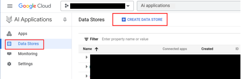 In the console create a data store