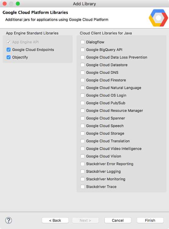 Dialogfeld „Add Library“ (Bibliothek hinzufügen) in Eclipse mit den verfügbaren App Engine-Standardbibliotheken und Cloud-Clientbibliotheken für Java