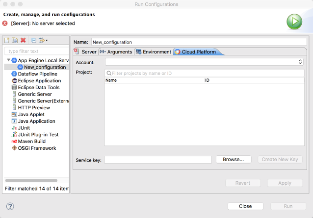 A dialog box to configure run configurations. A new run config
has been created for App Engine Local Server, and the
Google Cloud tab is open. A field exists for Account, Project, and Service
Key. A browse button is available to select the service key path. The Create
New Key, Revert, Apply, and Run buttons are shown but disabled.