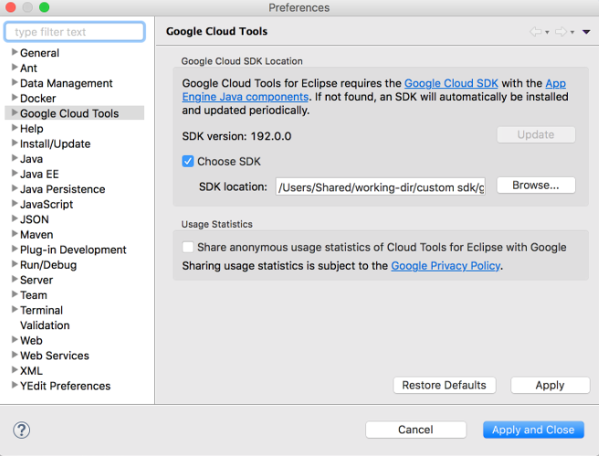 La finestra di dialogo Preferenze con gli strumenti Google Cloud selezionati.
 La finestra di dialogo mostra anche un campo per navigare in un&#39;interfaccia alla gcloud CLI personalizzata, con la casella di controllo Scegli SDK selezionata.