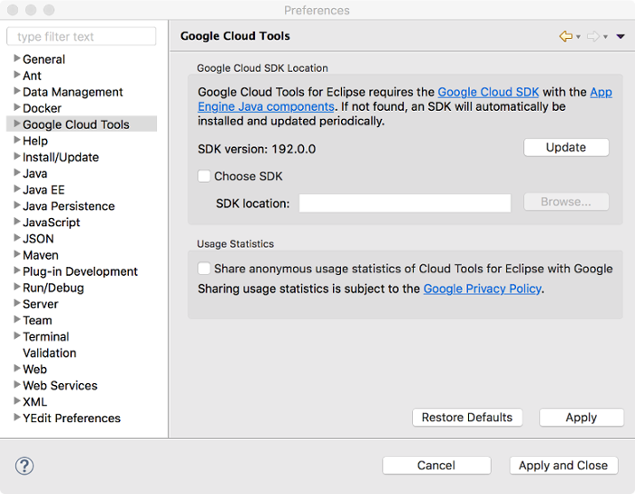 Dialog Preferences dengan Google Cloud Tools dipilih. Area utama menunjukkan nomor versi gcloud CLI. Dialog ini juga menampilkan kolom untuk mengakses gcloud CLI kustom, dengan kotak centang yang tidak dipilih untuk memilih gcloud CLI.