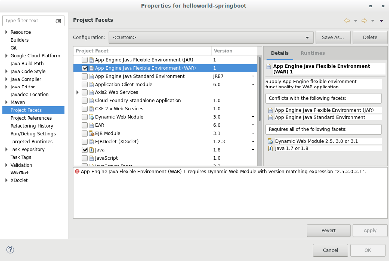 Un cuadro de diálogo a fin de seleccionar facetas para el proyecto. Proporciona una lista de facetas disponibles para el proyecto. En la captura de pantalla, se seleccionan el Entorno flexible de Java en App Engine (WAR) y las facetas de Java.