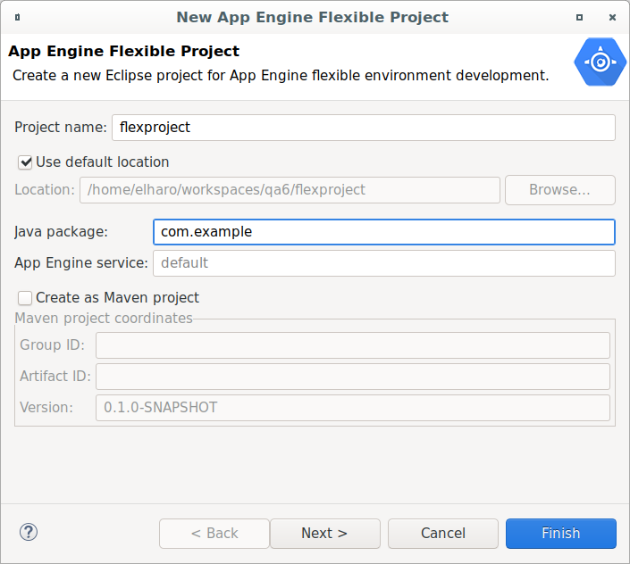 Un cuadro de diálogo a fin de crear un proyecto nuevo de Eclipse para el entorno flexible. Proporciona un campo para ingresar un nombre de proyecto. Tiene una casilla de verificación a fin de guardar archivos en la ubicación predeterminada o un campo para ingresar una nueva ubicación.
 Proporciona un campo a fin de ingresar un nombre para el paquete Java y el servicio de App Engine. Proporciona una casilla de verificación a fin de crear el proyecto como un proyecto de Maven y campos para ingresar el ID del grupo, el ID del artefacto y la versión.