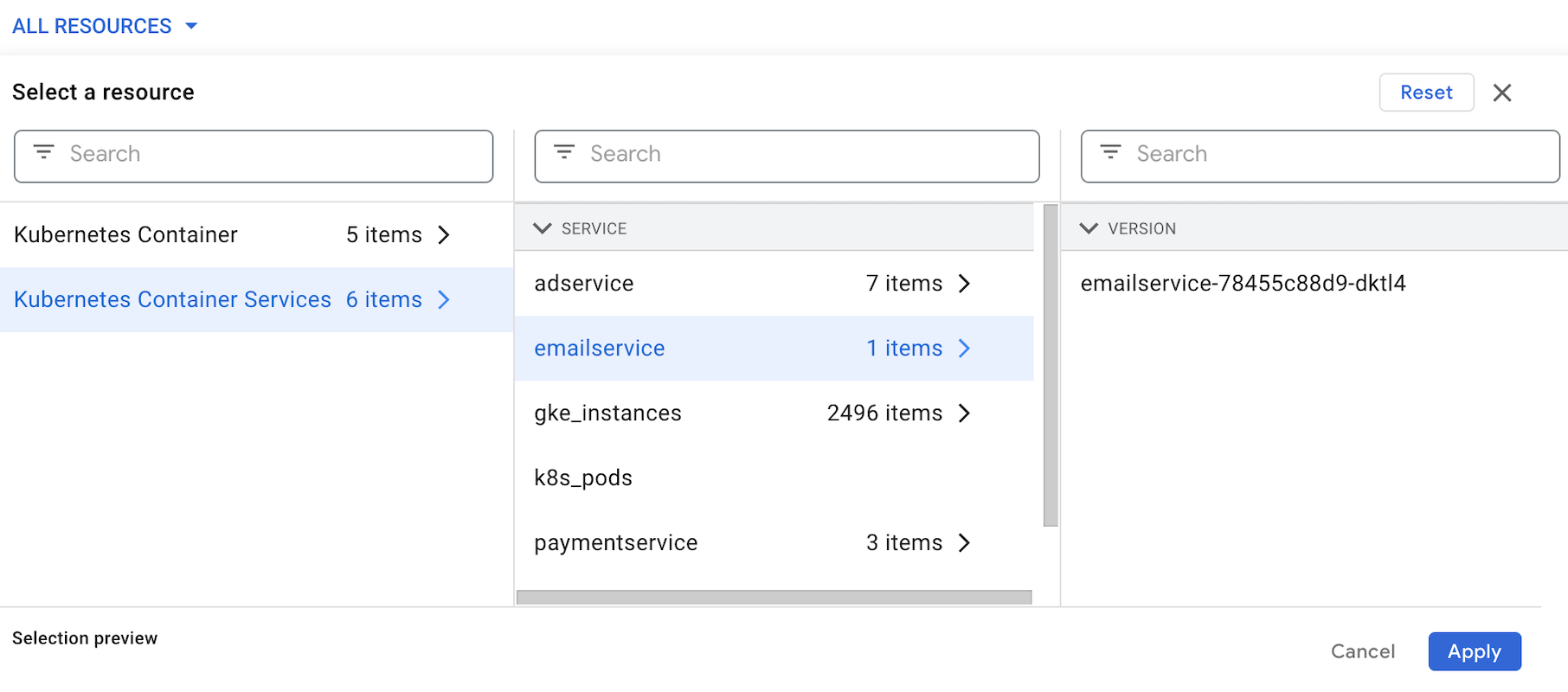 Error Reporting 的“资源”过滤器菜单，其中显示了 Kubernetes Container Services 资源的可用错误组标签过滤器。
