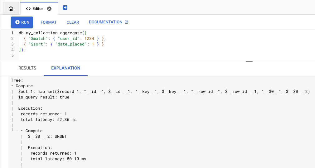 A guia &quot;Query Explain&quot; no console
