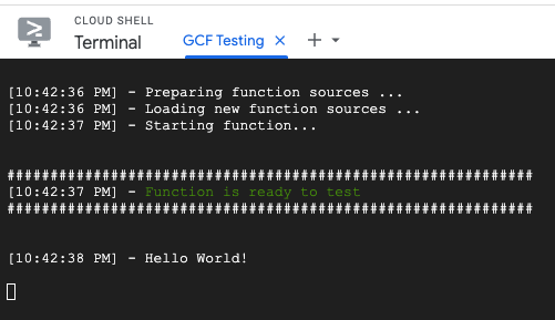 Capture d&#39;écran montrant la fenêtre de sortie de Cloud Shell