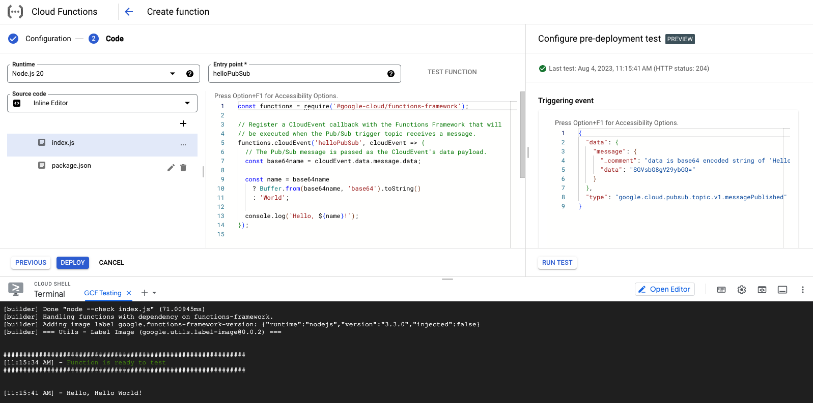 Screenshot che mostra il riquadro di test di predeployment della funzione