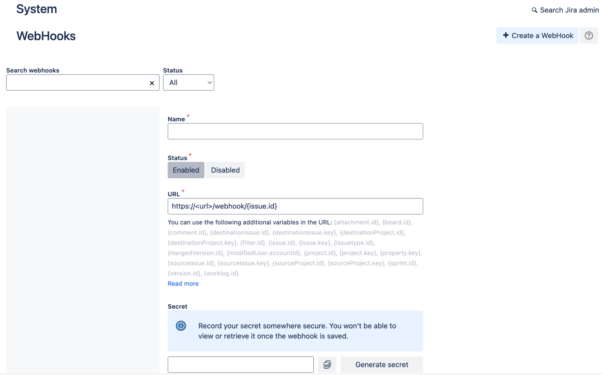Configurazione del webhook da parte dell'amministratore Jira