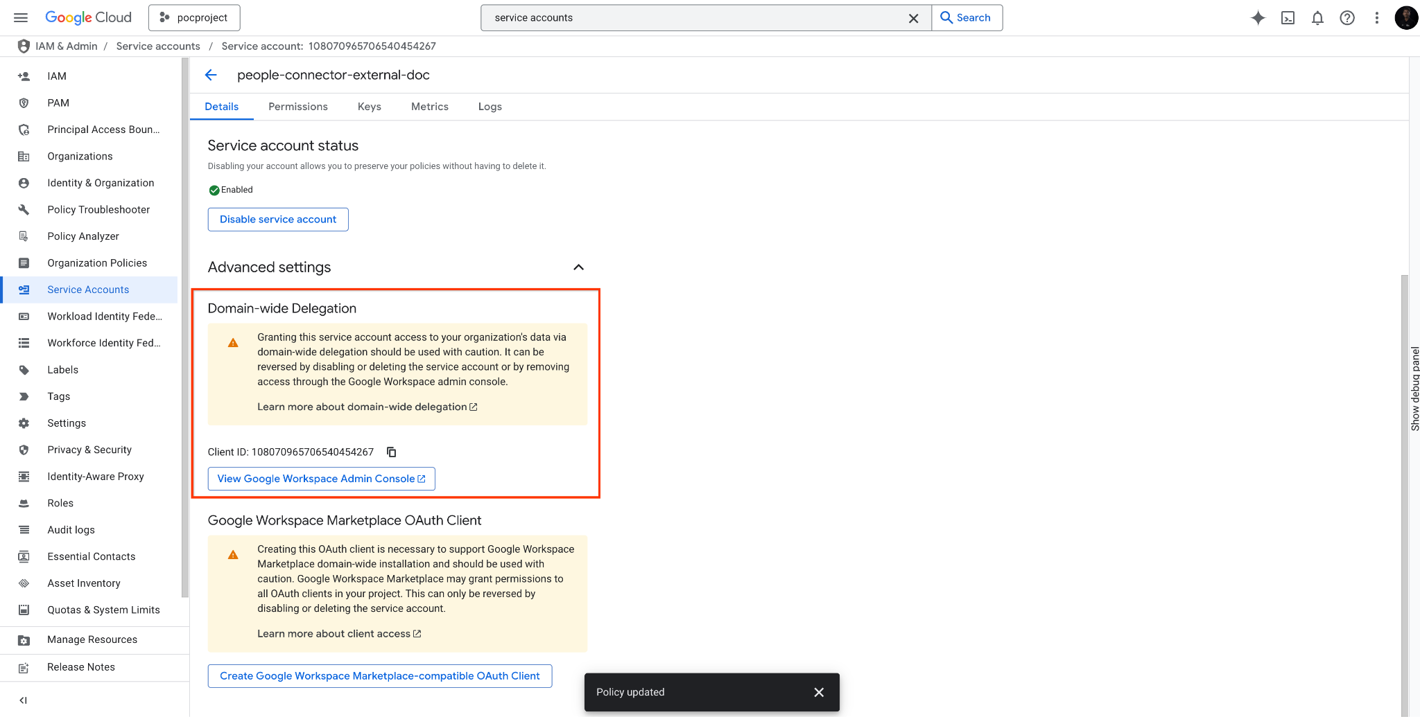 Affiche l'ID client dans la section "Paramètres avancés", "Délégation au niveau du domaine".