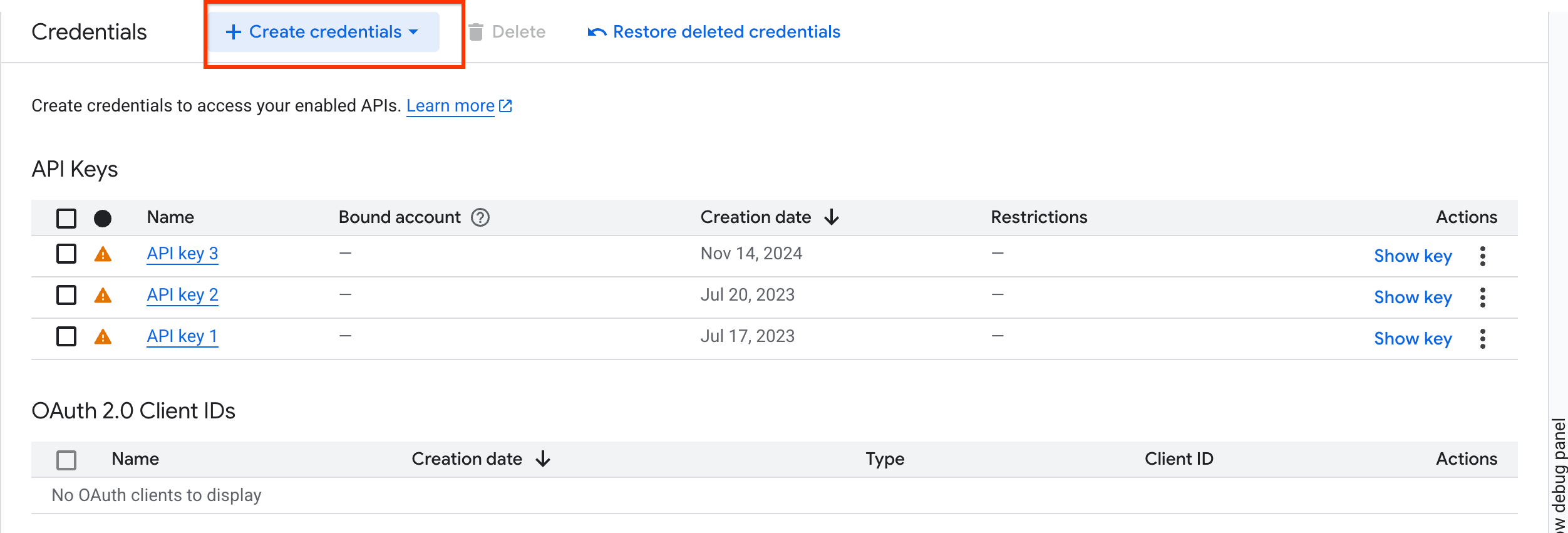 Cliquez sur le bouton "Créer des identifiants".