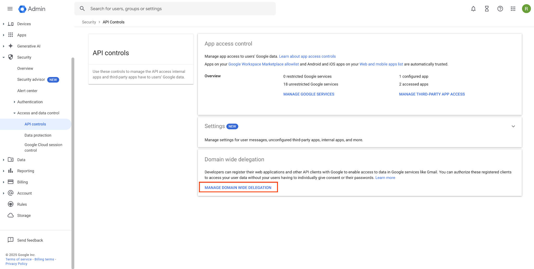 Viene visualizzata la pagina Gestisci delega a livello di dominio.