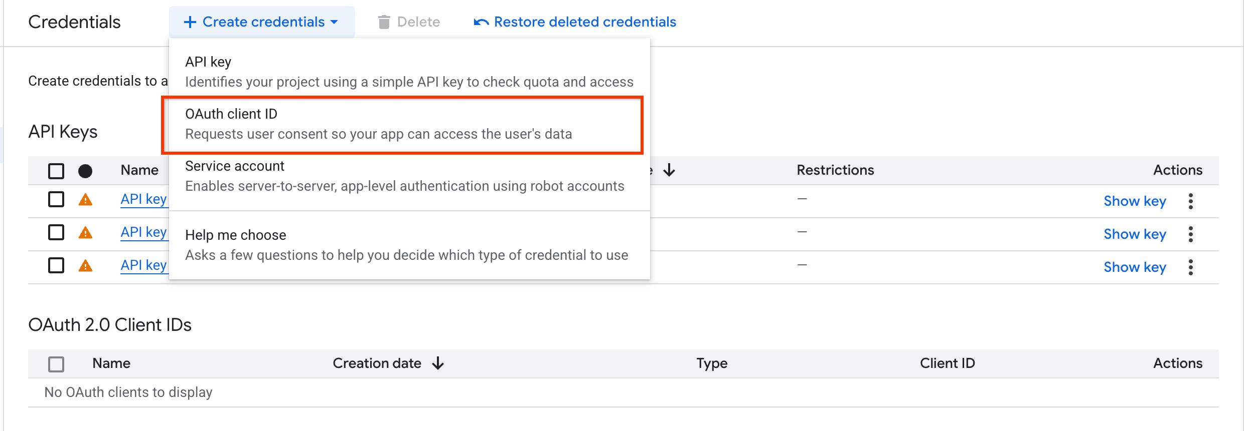 Seleziona l'ID client OAuth.
