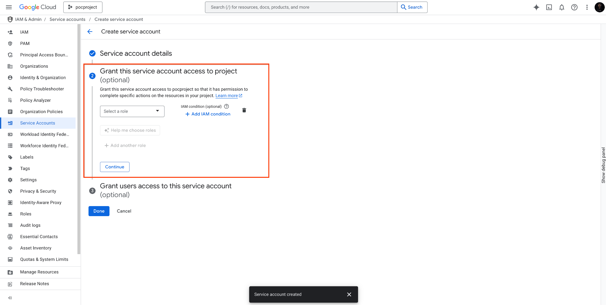 Mostra la sezione Concedi a questo account di servizio l'accesso al progetto (facoltativo) che deve essere saltata.
