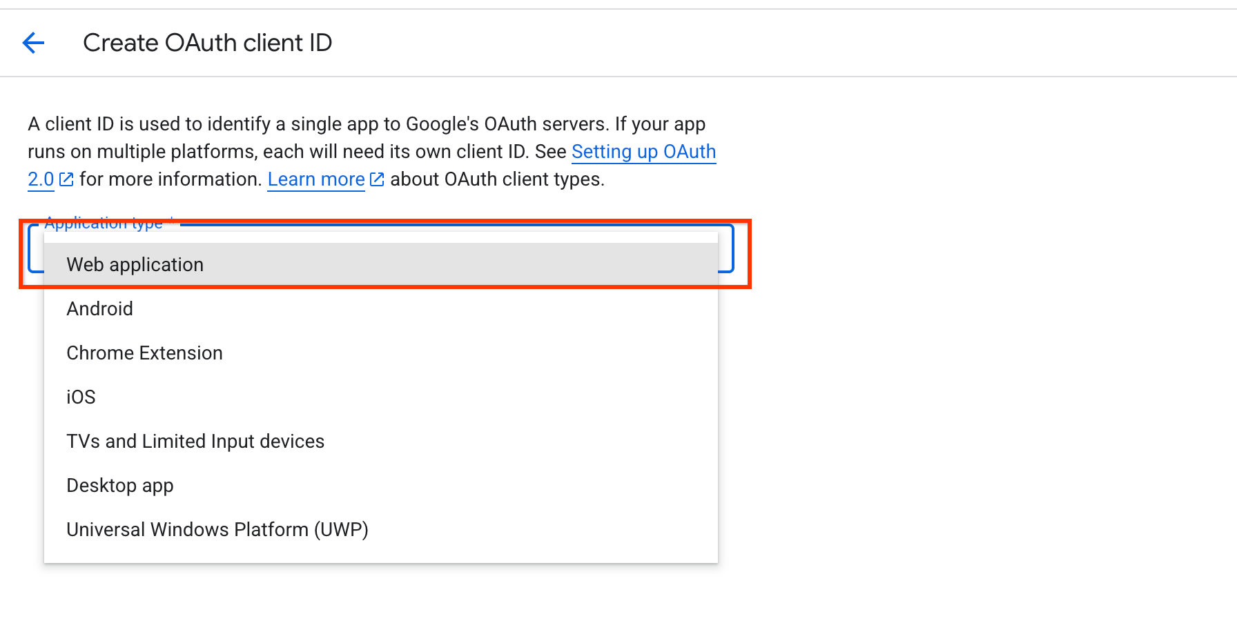 ウェブ アプリケーション オプションを選択します。