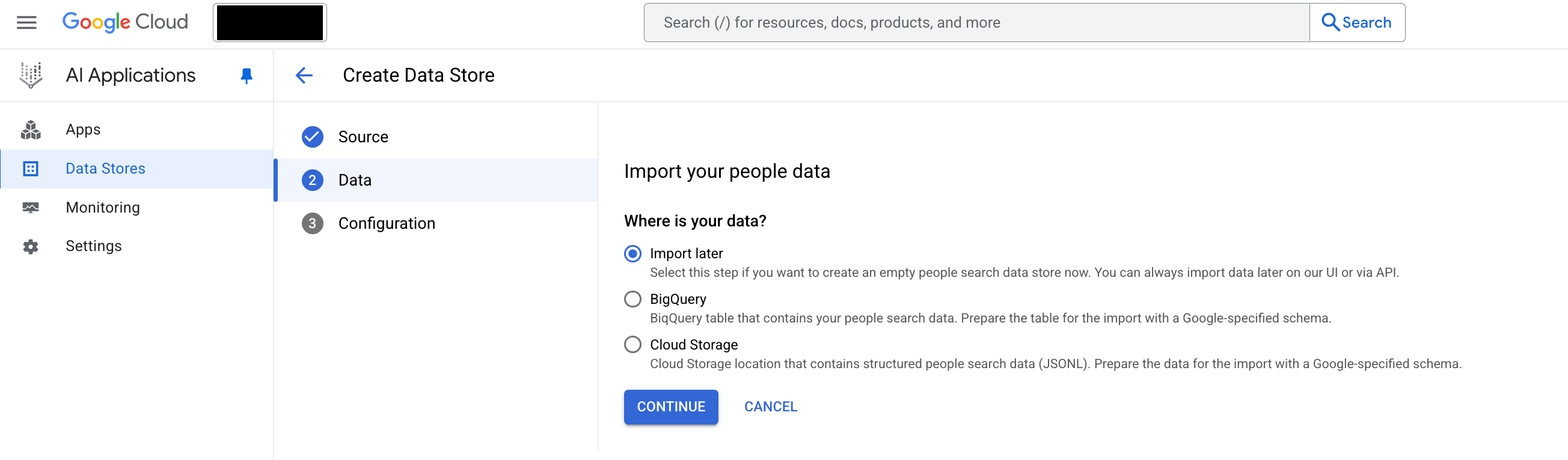 Opções para importar dados de pessoas, incluindo importar depois, do BigQuery ou do Cloud Storage.