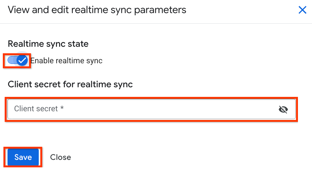 Aktifkan sinkronisasi real-time dan berikan rahasia klien