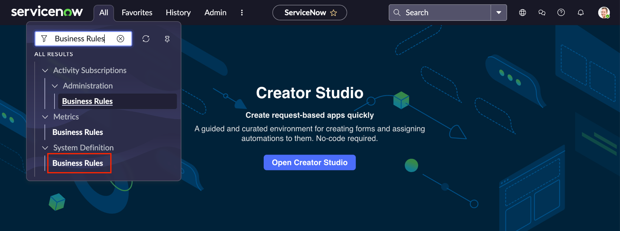 Ver regras de negócios do ServiceNow