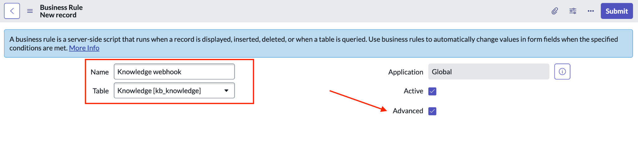 Compila i campi per il webhook dell'entità di knowledge base