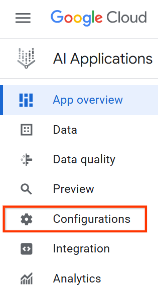 Menu de navegação no console com o item &quot;Configurações&quot; selecionado
