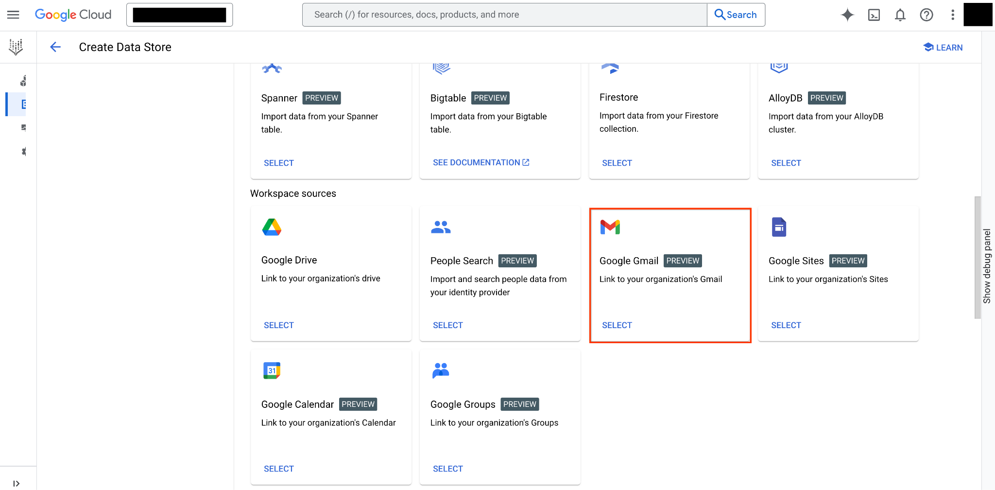 Select the Google Gmail source