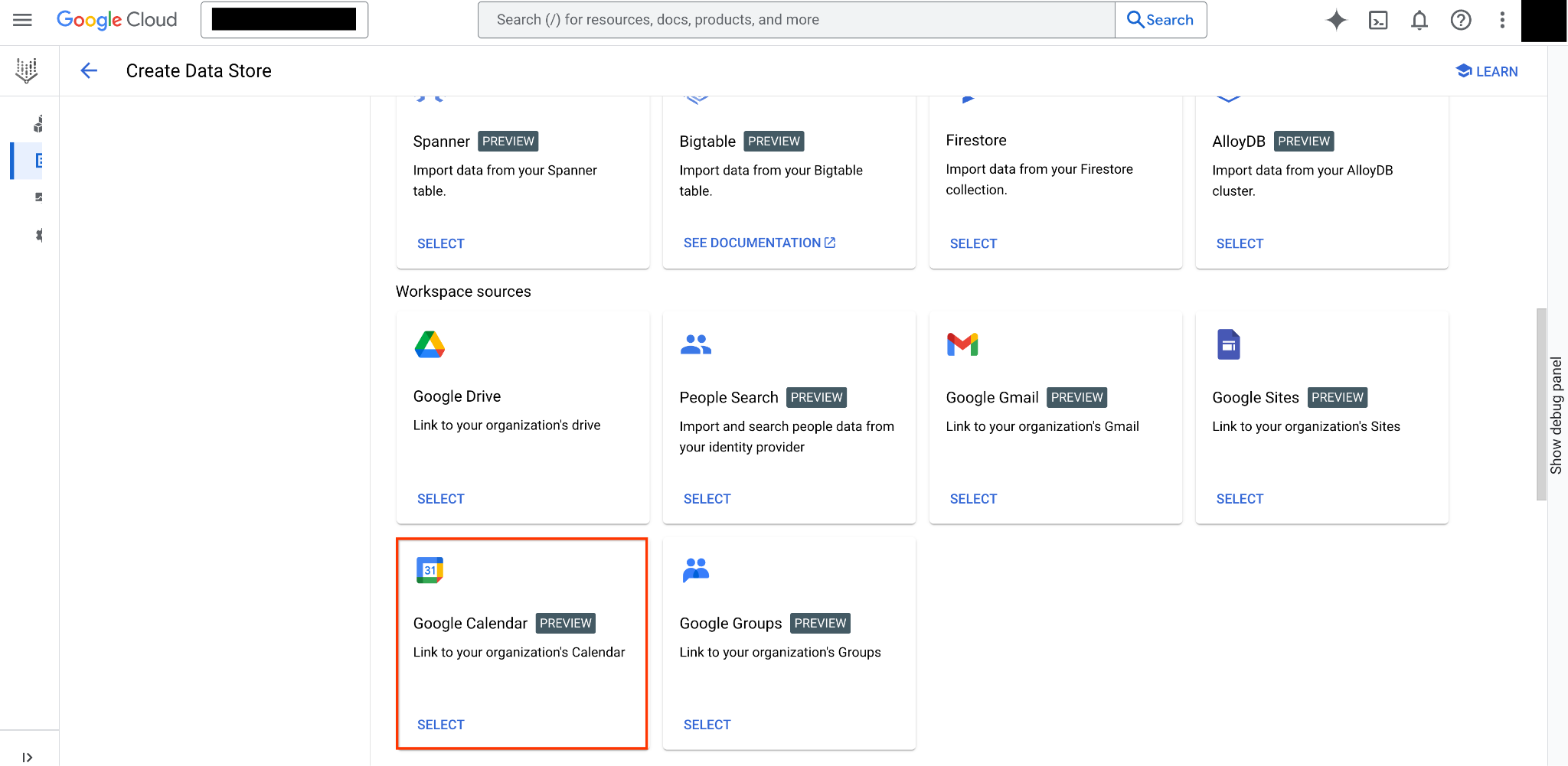 Select the Google Calendar data source.