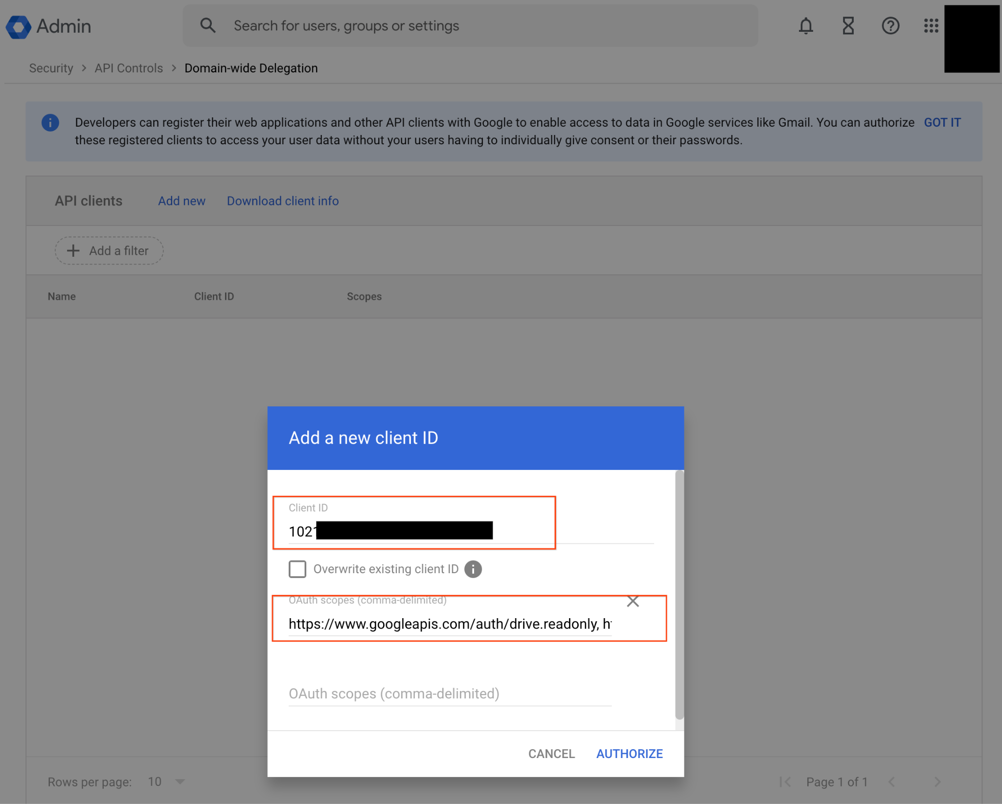 Advaced indexing - Enter the OAuth scopes.