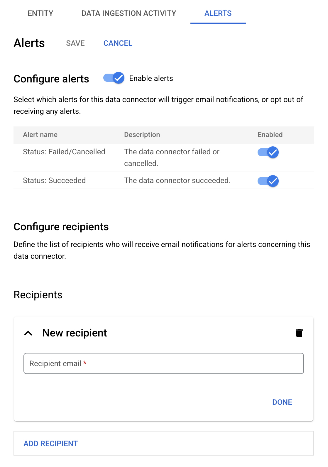 Configure email notifications for connector alerts.