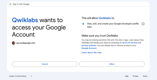 Imagen de Qwiklabs para acceder a la información de la Cuenta de Google