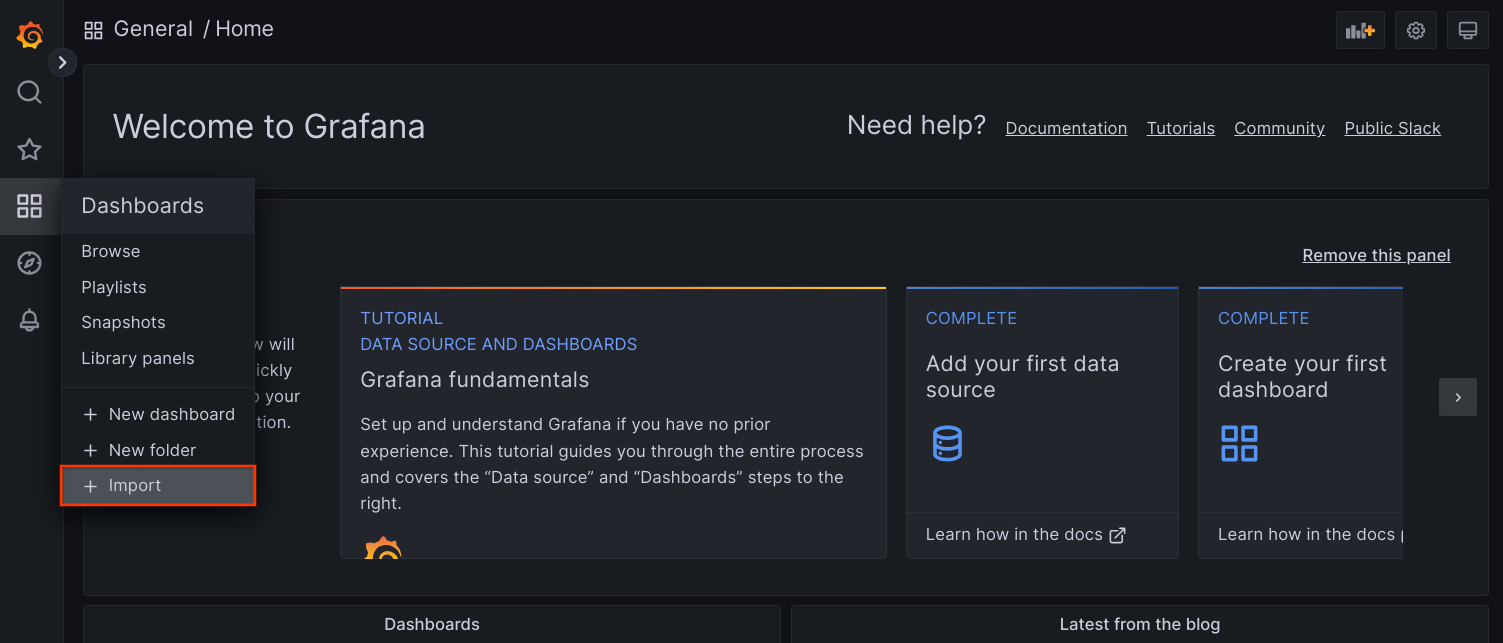 Vai all&#39;importazione delle dashboard in Grafana.