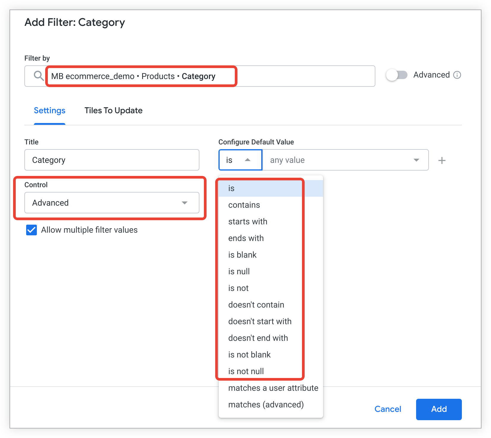 To use advanced controls, select Advanced in the Control drop-down. This is not the same as the Advanced toggle to the right of the Filter by field.