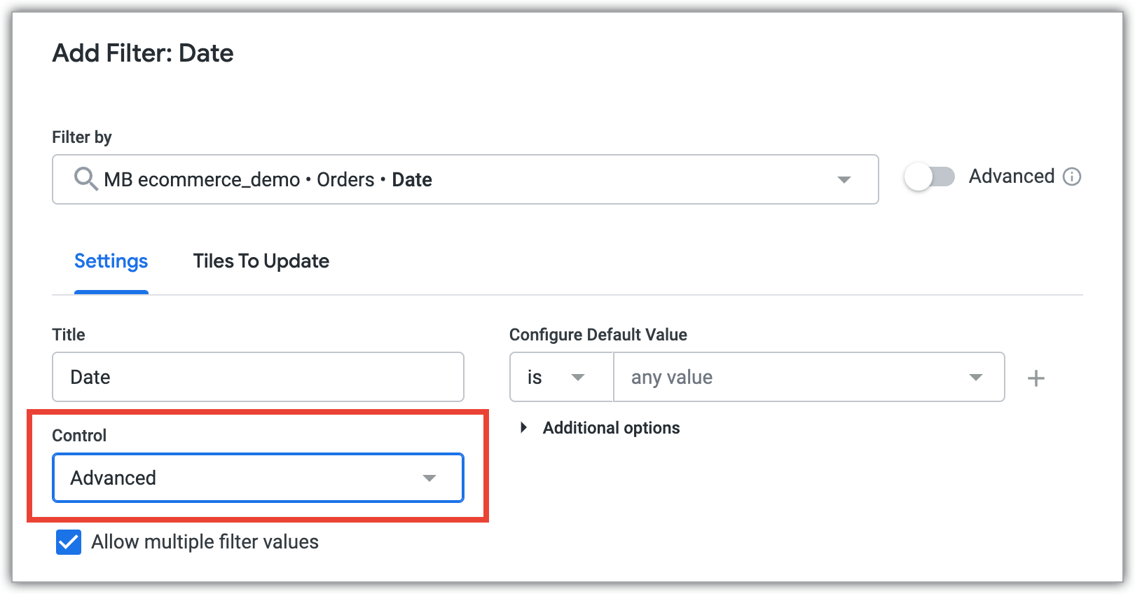 To use advanced controls, select Advanced in the Control drop-down. This is not the same as the Advanced toggle to the right of the Filter by field.