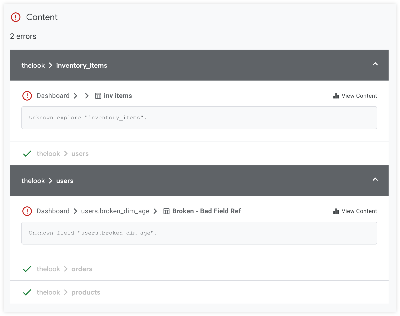 Página de resultados da integração contínua mostrando as descobertas do Content Validator